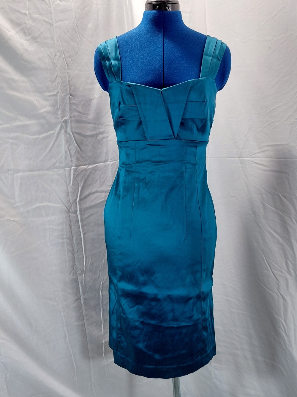 Calvin Klein Teal Satin Midi Sheath Dress with Pleated Straps